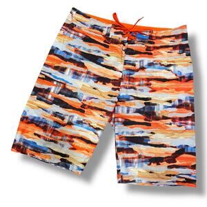 PrAna Swim Trunks Size 33 Orange Blue Abstract Print Lightweight Board Shorts